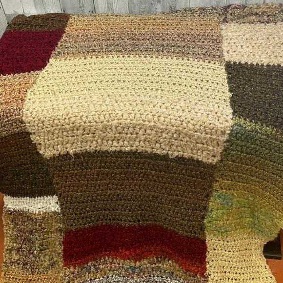 Handmade Hand Crocheted Warm Earth Tones Patchwork Block Afghan Throw Blanket